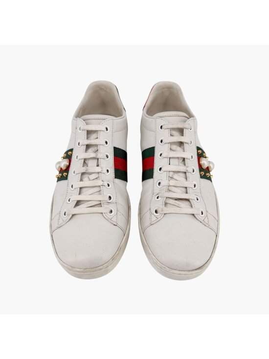 Gucci Pearl-Embellished Ace Sneakers White Leather Size 38.5 US 8.5 Women's - Picture 2 of 15